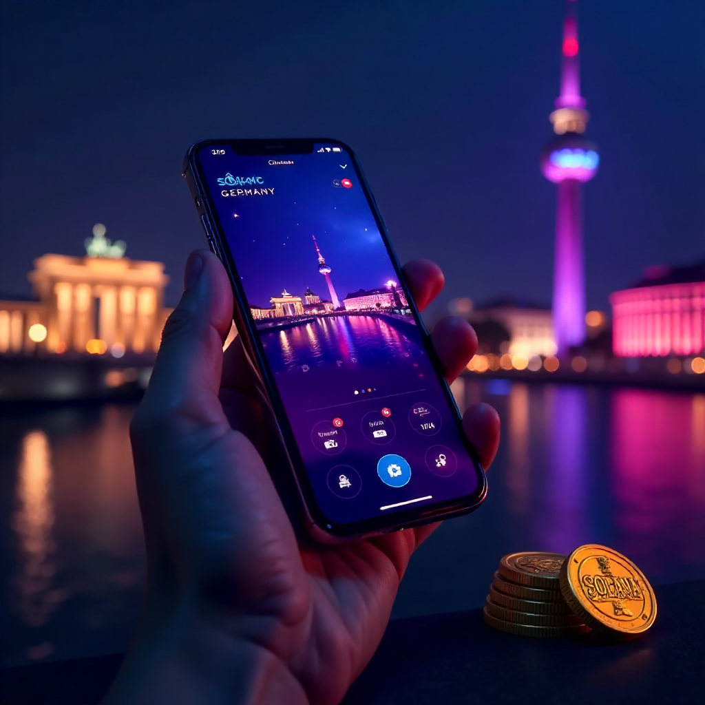 A hand holding a sleek futuristic smartphone displaying the official Solana Casino Germany app with a vibrant purple and cyan interface, background is the Berlin skyline with the Brandenburg Gate and TV Tower at night, 3D Solana logo coins and golden poke